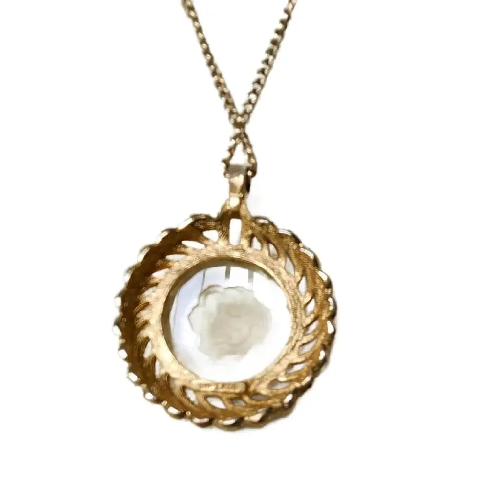 Vintage Reverse Intaglio Rose Pendant Necklace